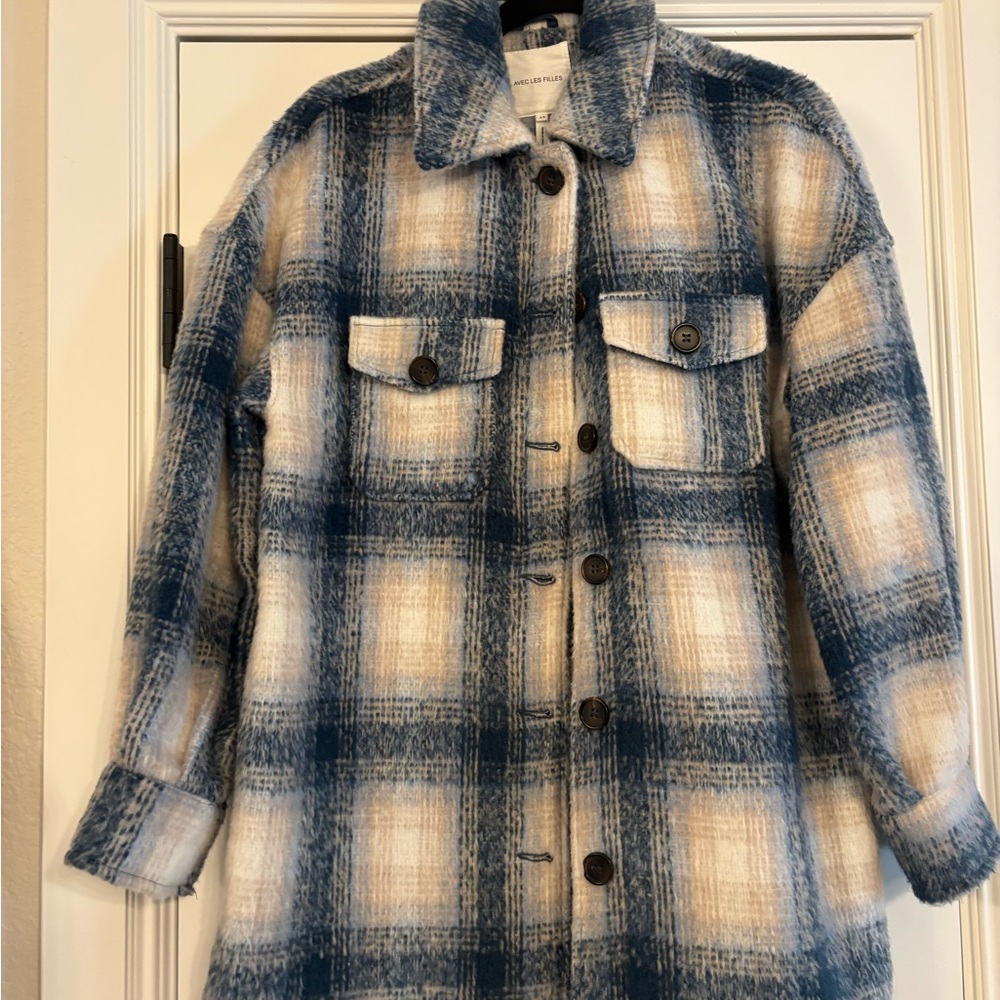 Avec Les Filles Blue and Cream Checkered Shacket